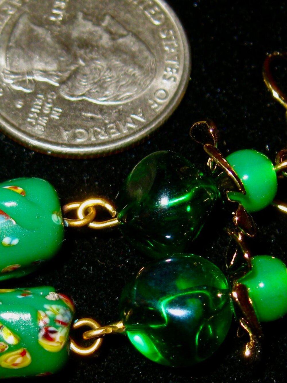 ONE OF A KIND GREEN AND GOLD PIERCED EARRINGS W/ANTIQUE VINTAGE BEADS